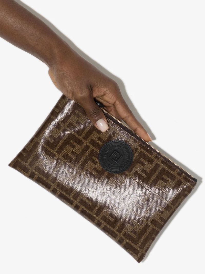 Brown Ff Logo Leather Clutch Bag