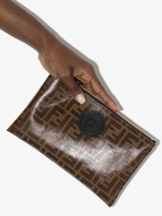 Brown Ff Logo Leather Clutch Bag
