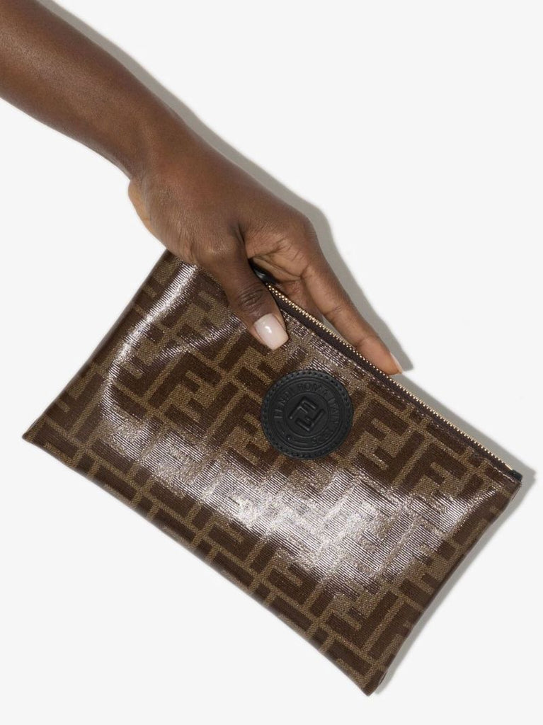 Brown Ff Logo Leather Clutch Bag