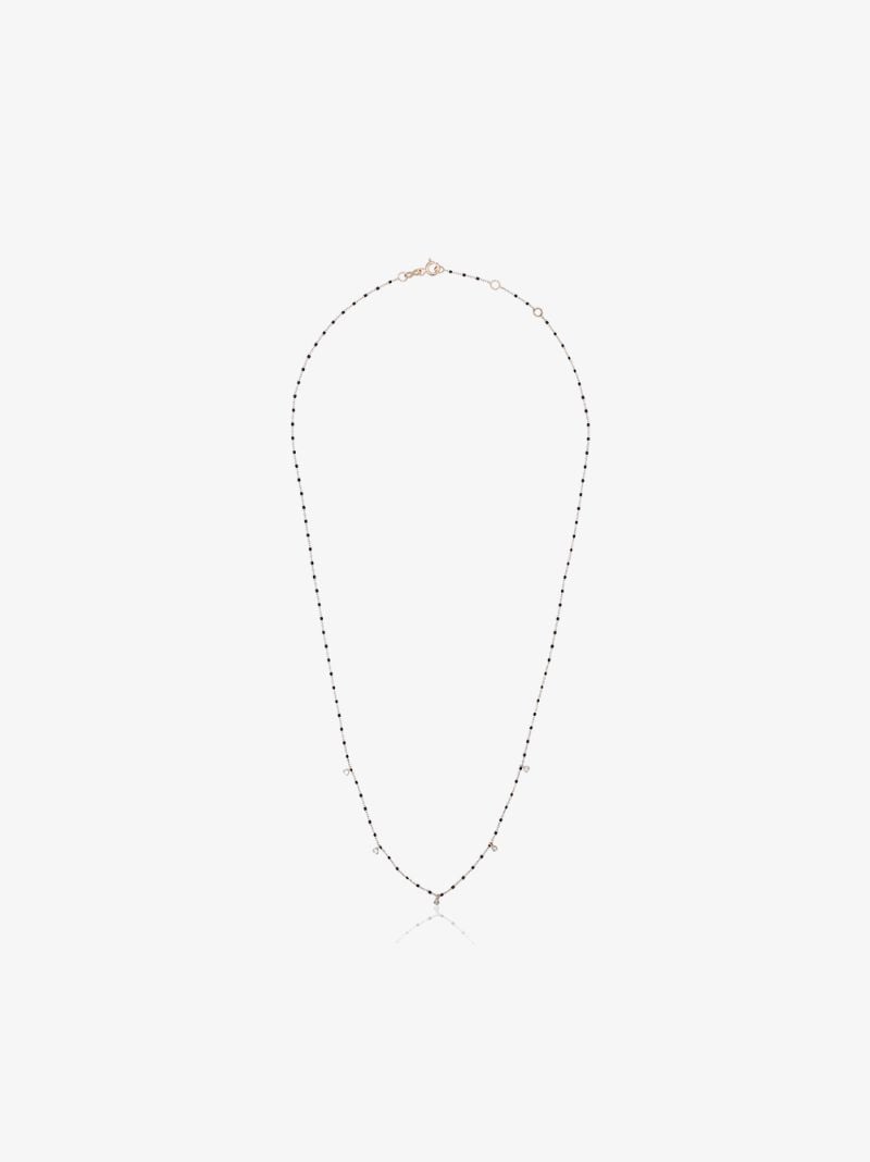 18k Yellow Gold and Black Bead Five Diamond Necklace