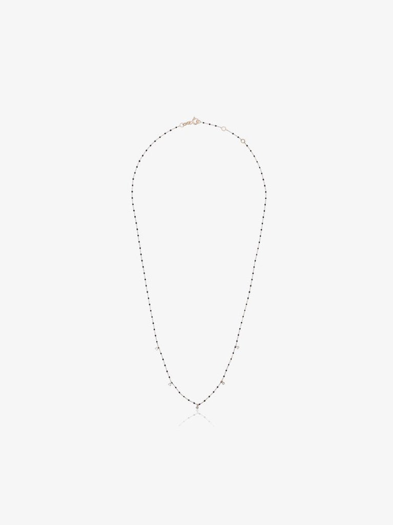 18k Yellow Gold and Black Bead Five Diamond Necklace