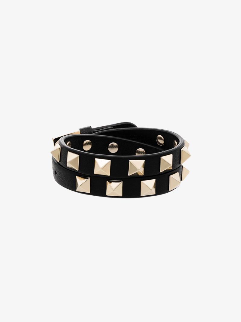 Black Rockstud Leather Wrap Bracelet