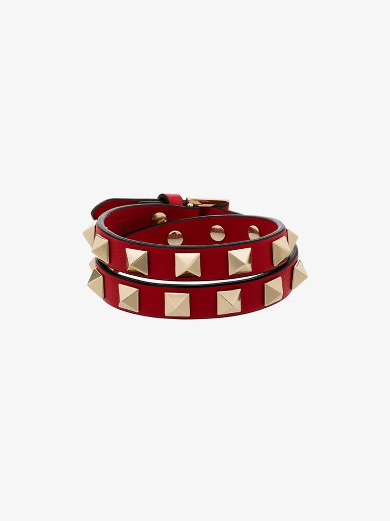 Red Rockstud Leather Wrap Bracelet
