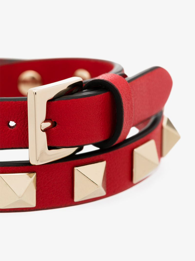 Red Rockstud Leather Wrap Bracelet