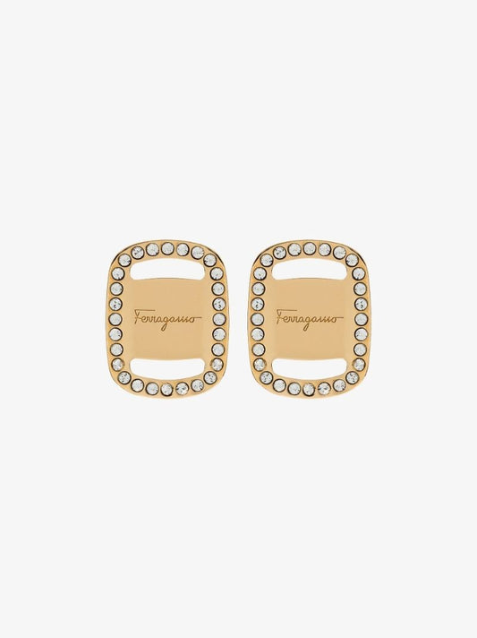 Gold Tone Vara Plate Logo Earrings