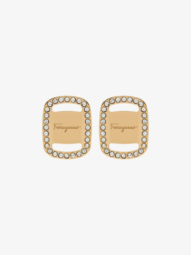 Gold Tone Vara Plate Logo Earrings