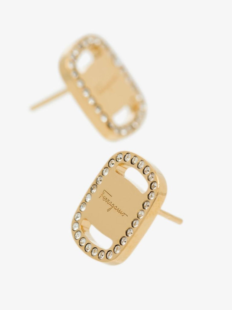 Gold Tone Vara Plate Logo Earrings