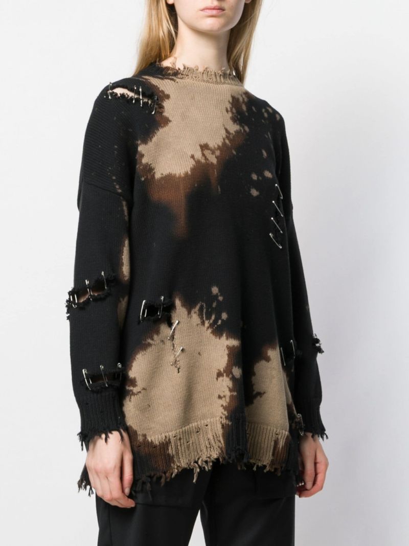 Black Distressed Safety Pin Sweater