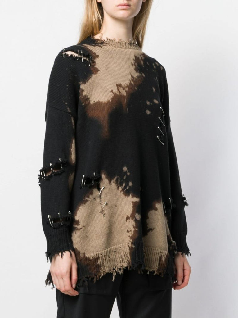 Black Distressed Safety Pin Sweater