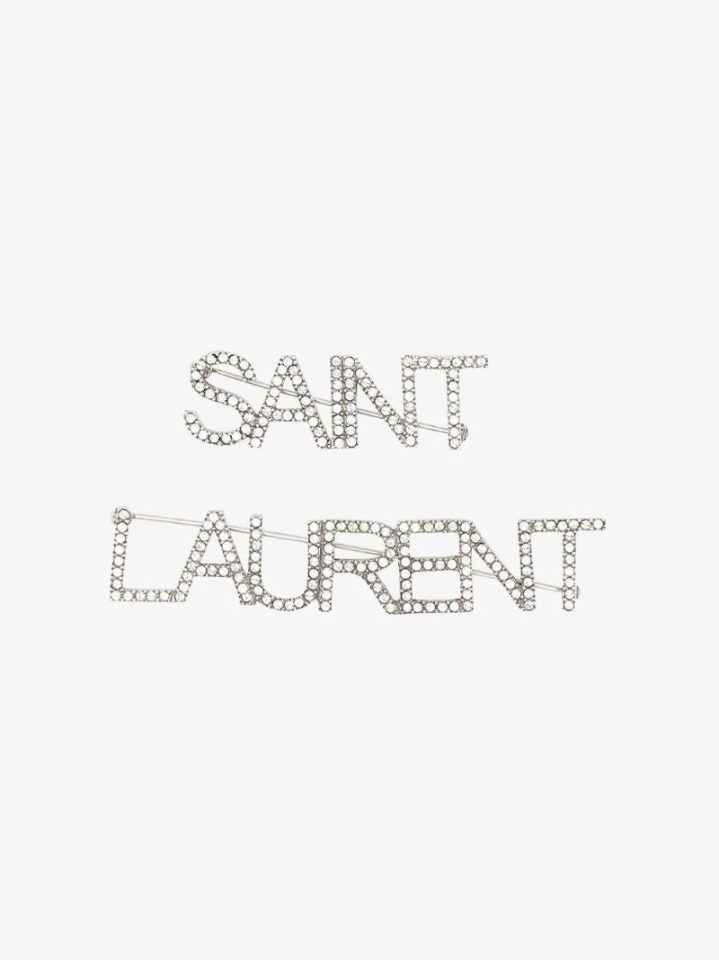 Silver Tone Crystal Logo Brooch