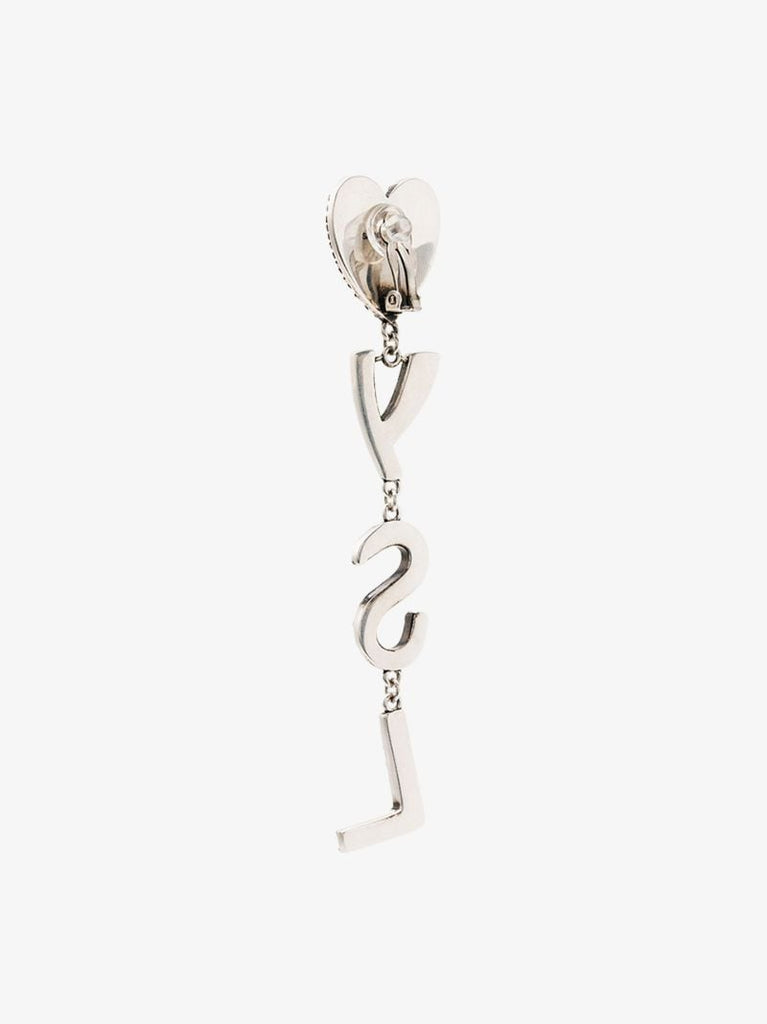 Silver Tone Heart Logo Drop Earrings