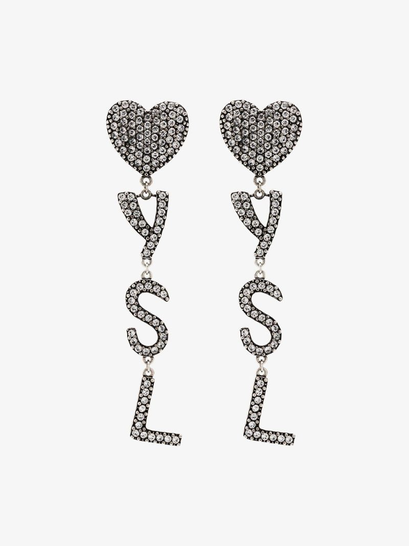 Silver Tone Heart Logo Drop Earrings