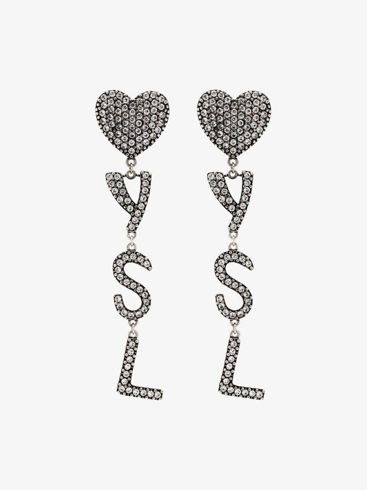 Silver Tone Heart Logo Drop Earrings