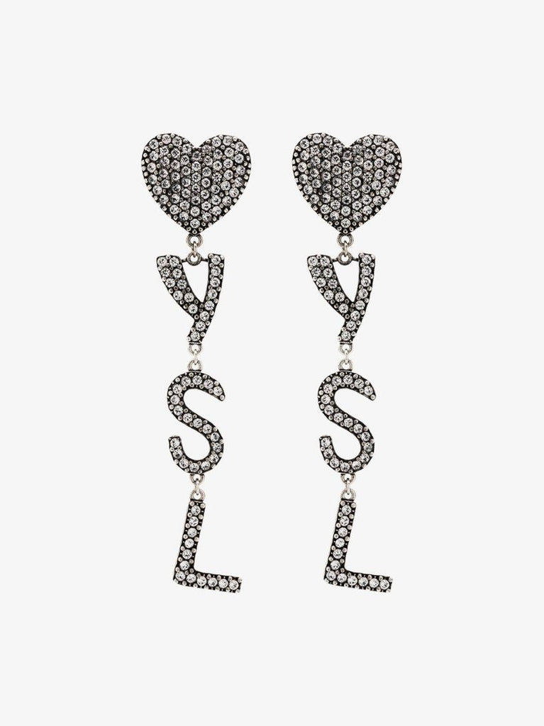 Silver Tone Heart Logo Drop Earrings