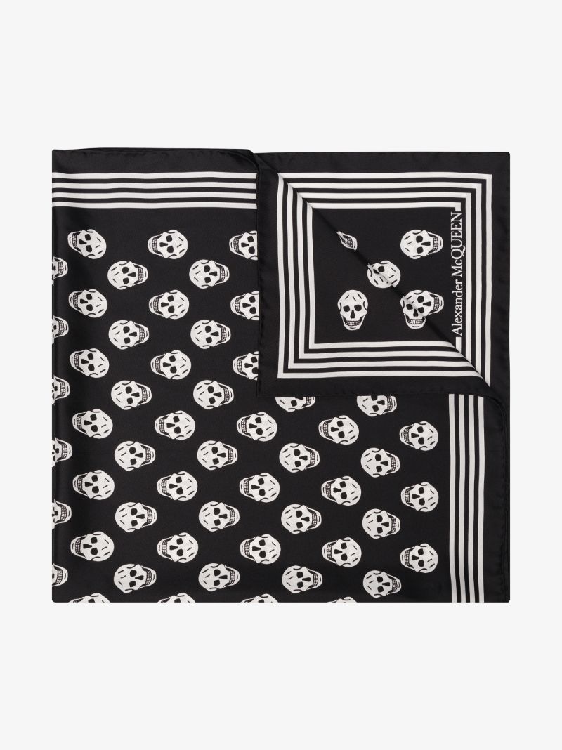 Black and White Biker Skull Print Silk Scarf
