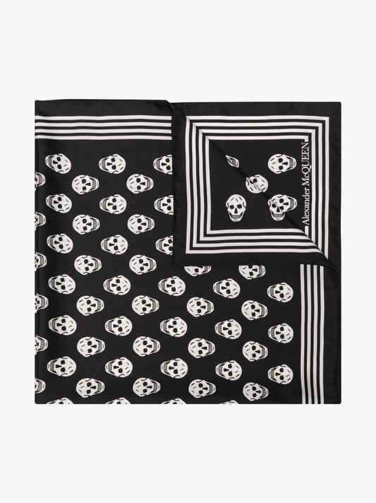 Black and White Biker Skull Print Silk Scarf