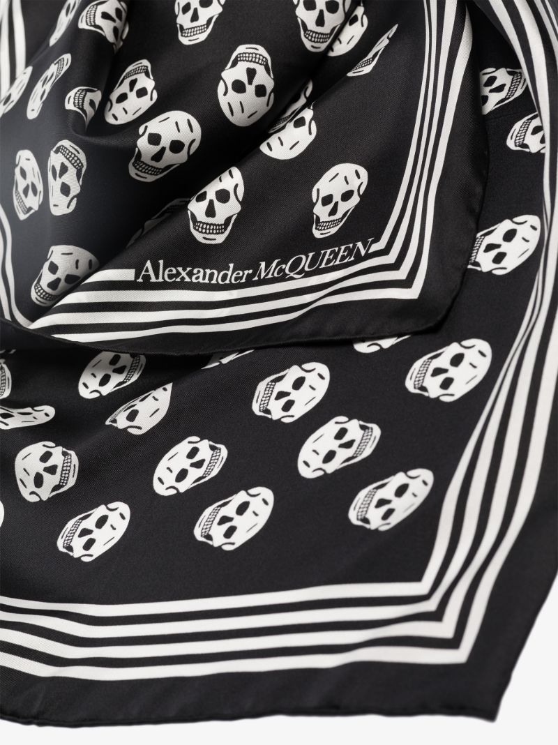 Black and White Biker Skull Print Silk Scarf