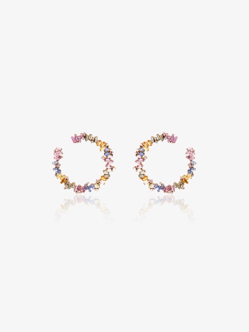 18k Rose Gold Rainbow Firework Sapphire Diamond Hoop Earrings