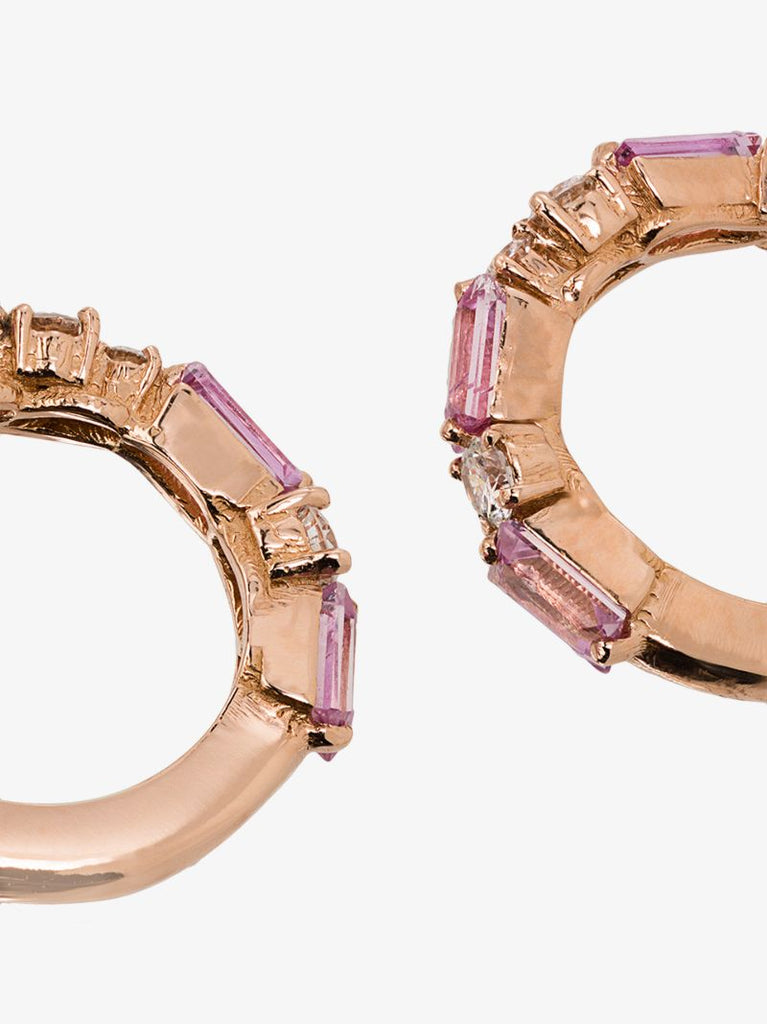 18k Rose Gold Thin Mix Sapphire and Diamond Hoop Earrings