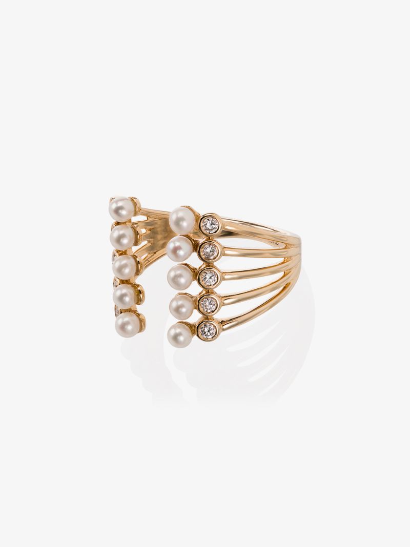 14k Gold Diamond Pearl Band Open Ring