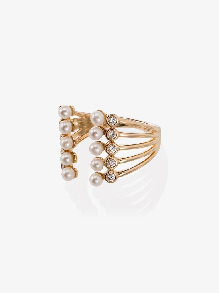 14k Gold Diamond Pearl Band Open Ring