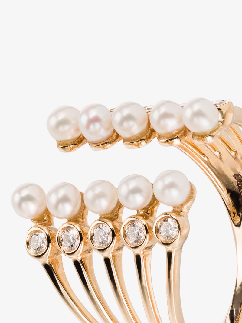 14k Gold Diamond Pearl Band Open Ring