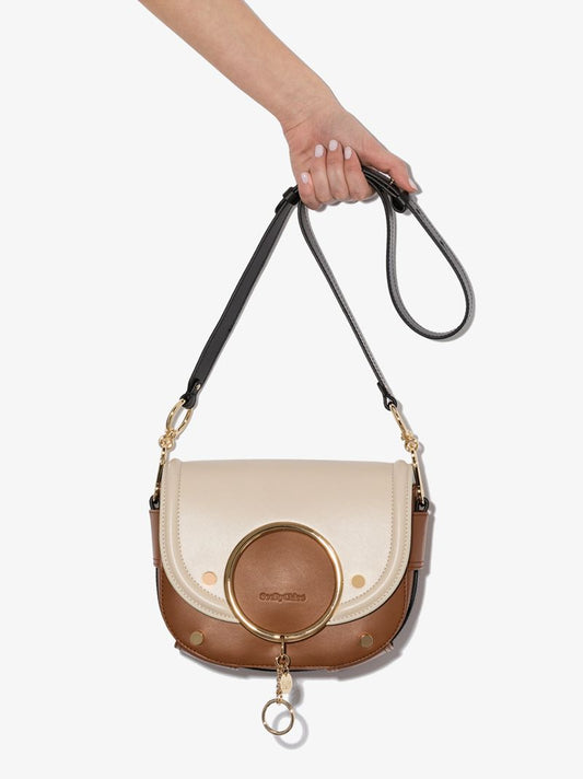 Beige Small Leather Ring Detail Cross Body Bag