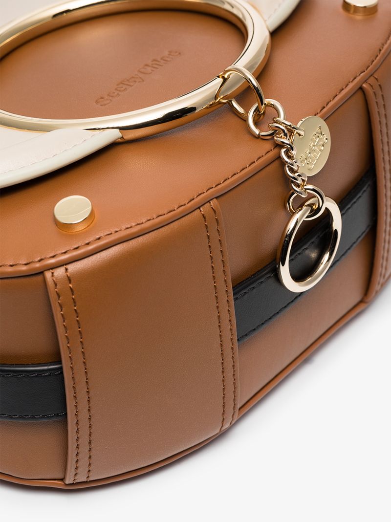 Beige Small Leather Ring Detail Cross Body Bag