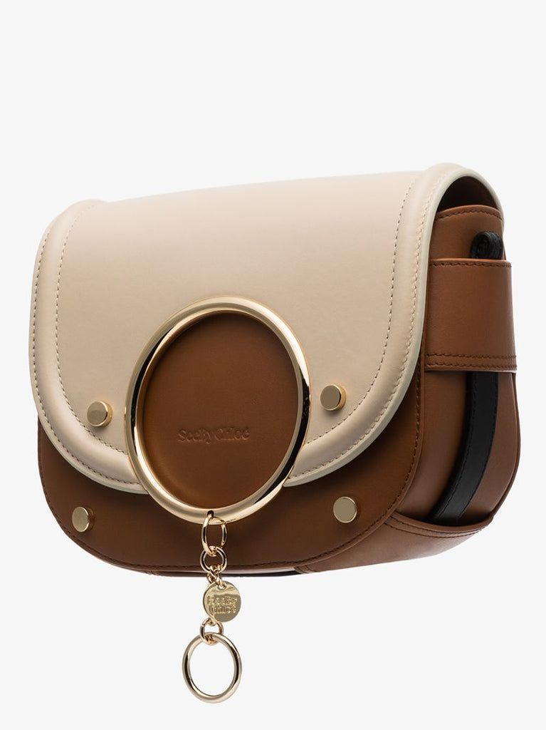 Beige Small Leather Ring Detail Cross Body Bag