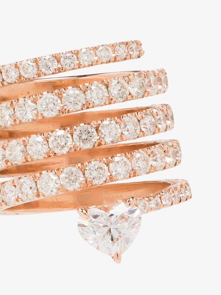 18k Rose Gold Stacked Spiral Solitaire Heart Diamond Ring