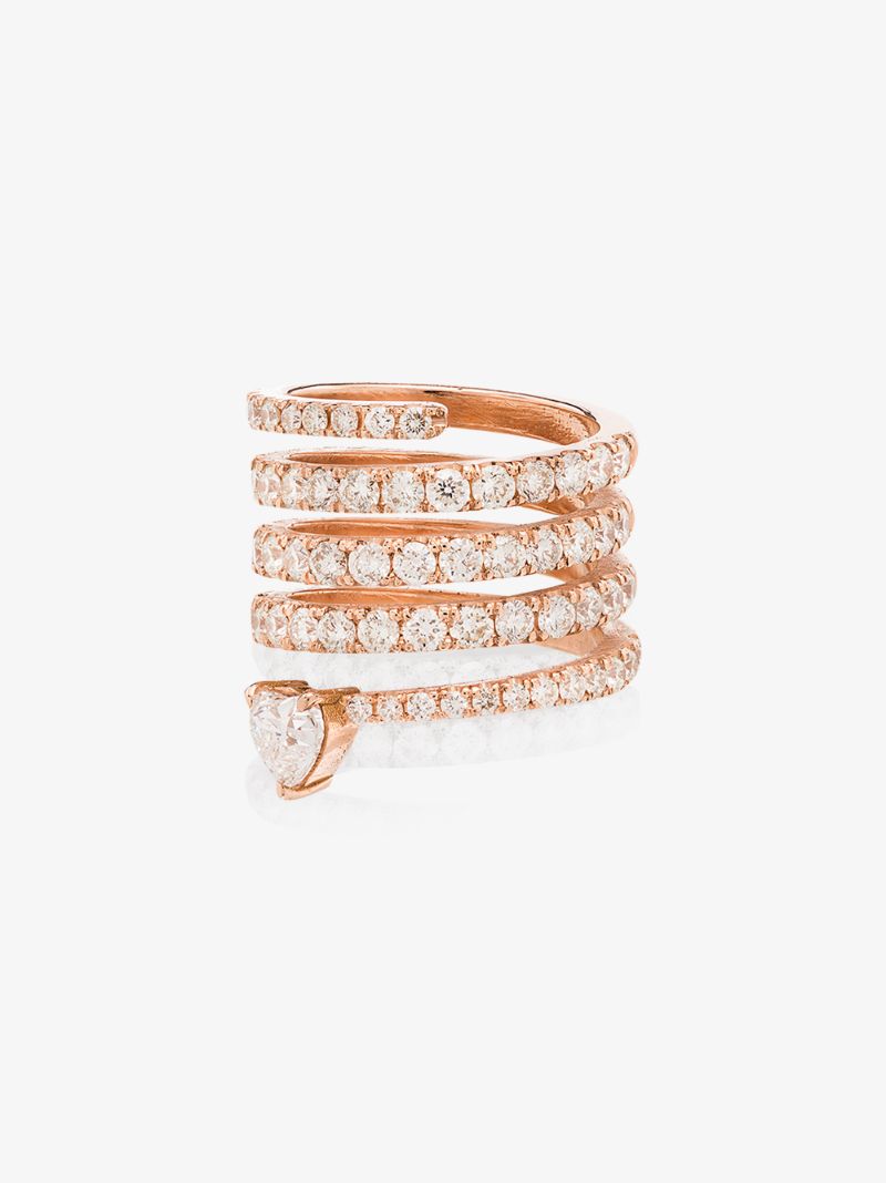 18k Rose Gold Stacked Spiral Solitaire Heart Diamond Ring