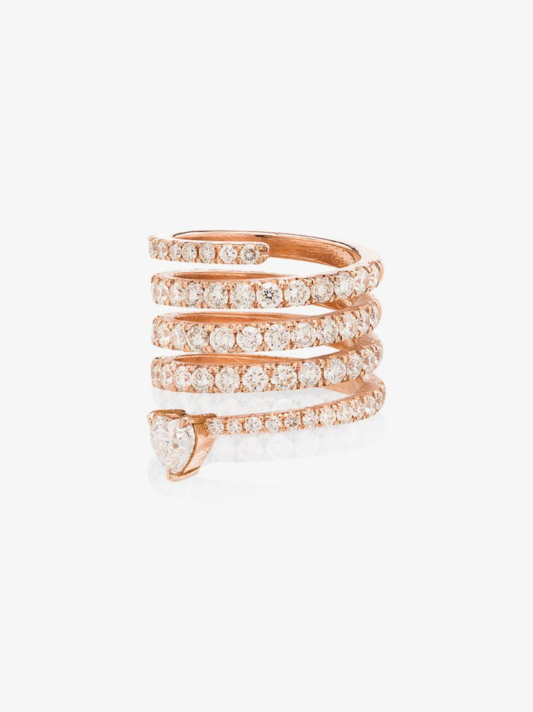 18k Rose Gold Stacked Spiral Solitaire Heart Diamond Ring