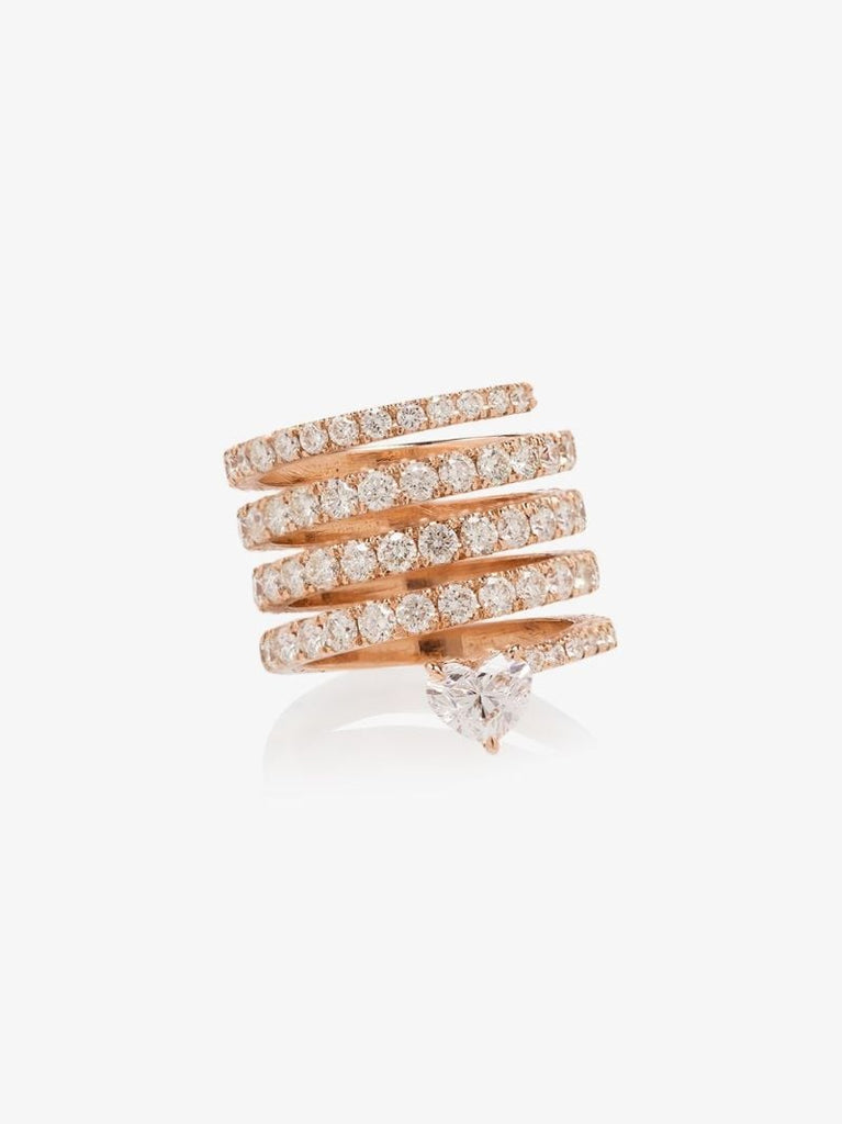 18k Rose Gold Stacked Spiral Solitaire Heart Diamond Ring