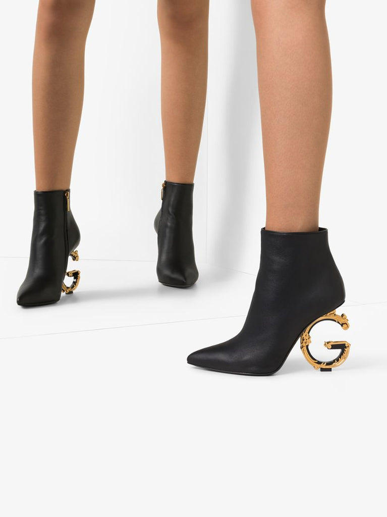 Black 105 Dg Baroque Logo Heel Leather Ankle Boots