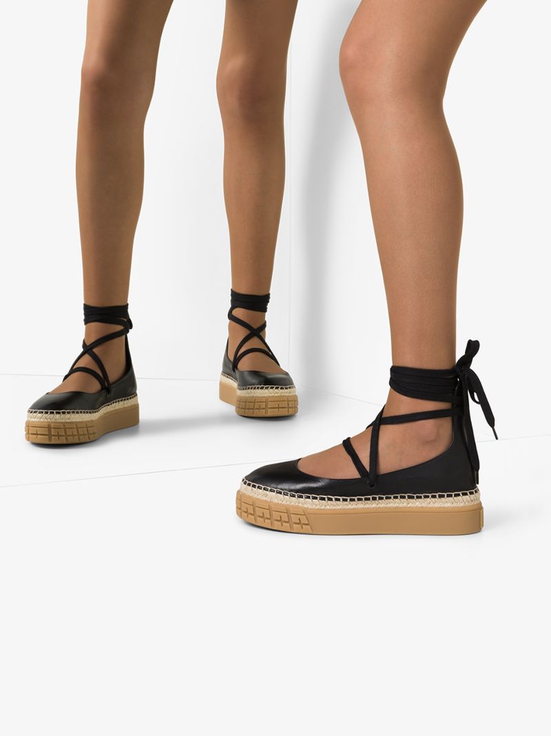 Black 40 Ankle Tie Leather Flatform Pumps