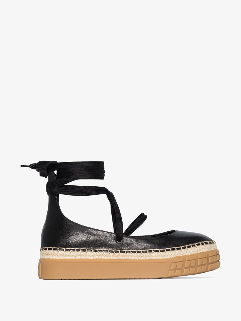 Black 40 Ankle Tie Leather Flatform Pumps