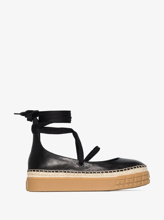 Black 40 Ankle Tie Leather Flatform Pumps