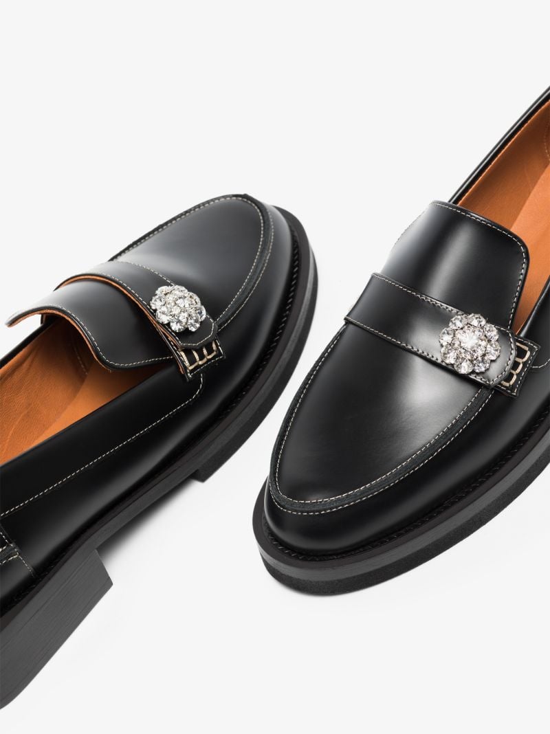 Black Crystal Embellished Leather Loafers