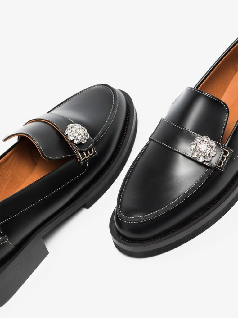 Black Crystal Embellished Leather Loafers