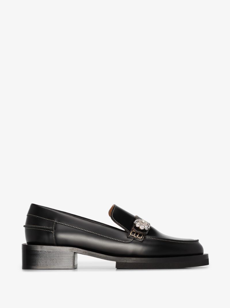 Black Crystal Embellished Leather Loafers