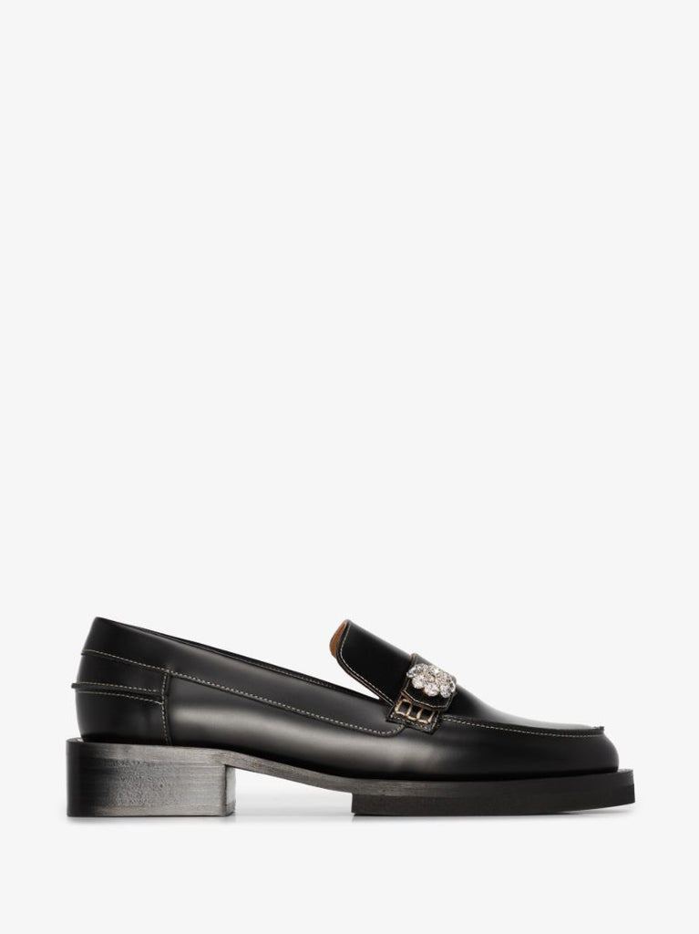 Black Crystal Embellished Leather Loafers