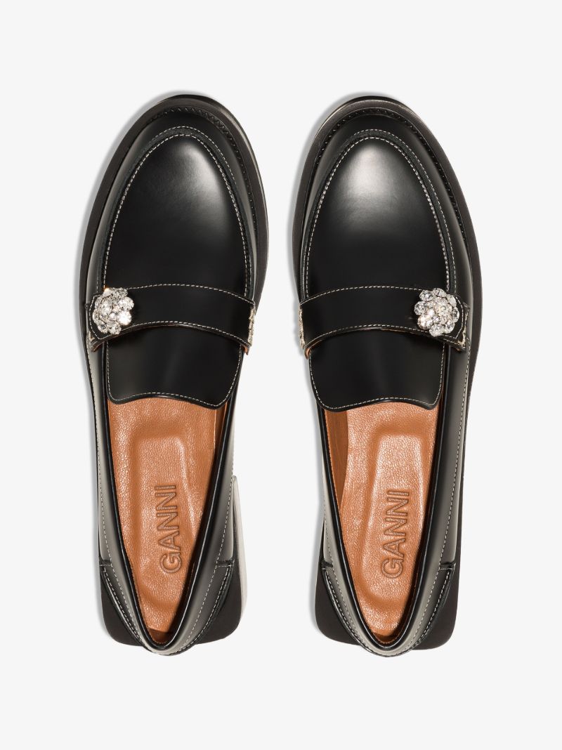 Black Crystal Embellished Leather Loafers