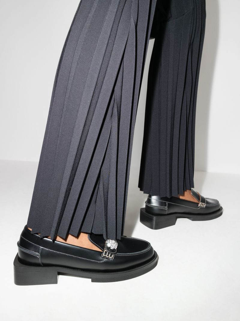 Black Crystal Embellished Leather Loafers