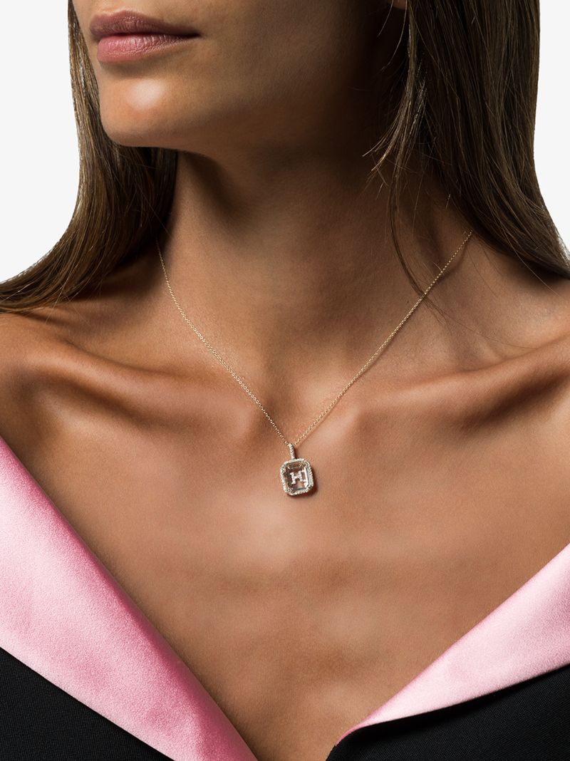 14k Yellow Gold Crystal Frame H Initial Diamond Necklace