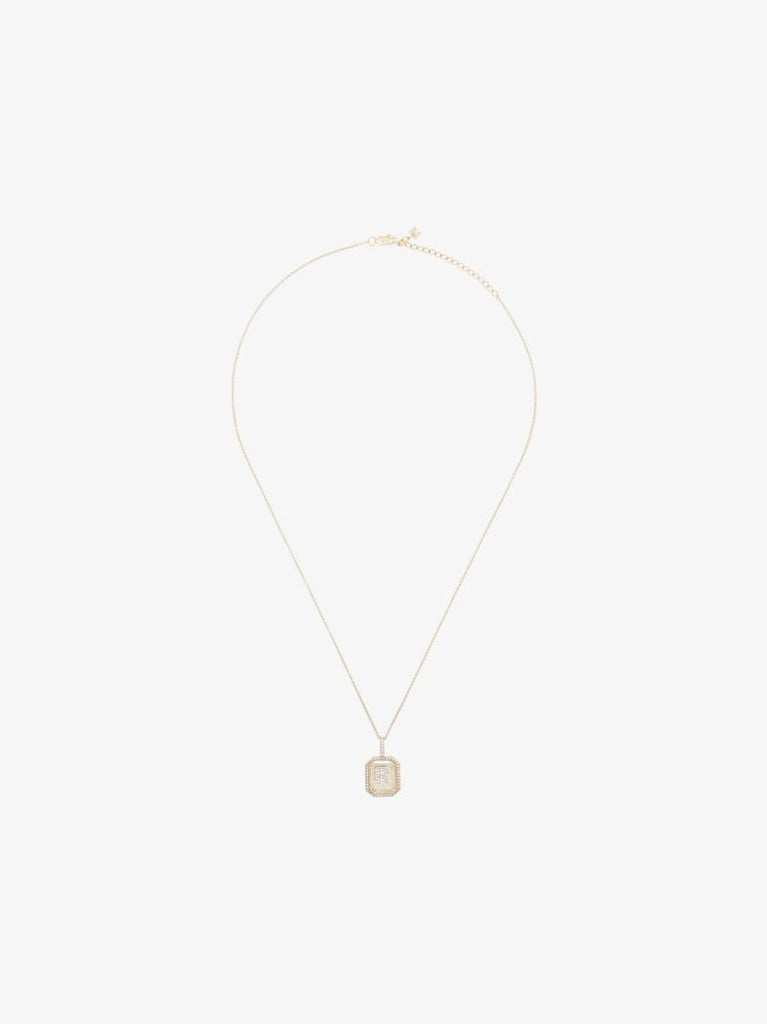 14k Yellow Gold Crystal Frame R Initial Diamond Necklace