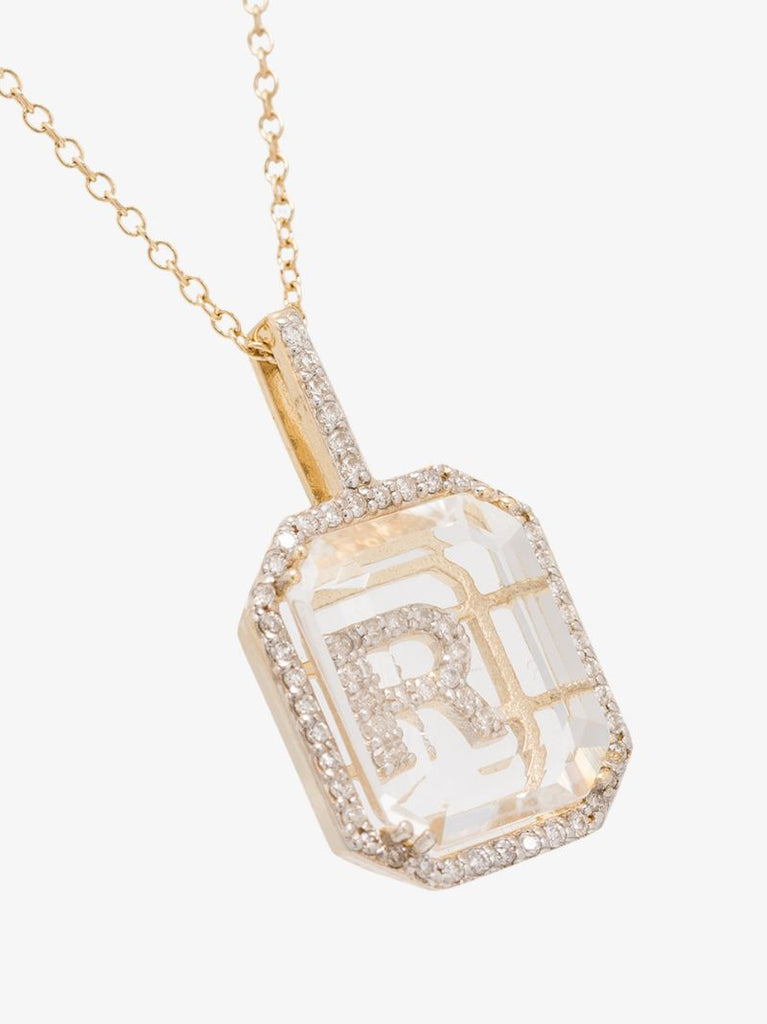 14k Yellow Gold Crystal Frame R Initial Diamond Necklace