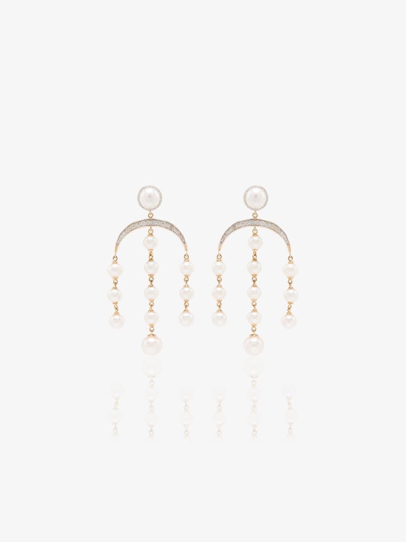 14k Yellow Gold Crescent Moon Pearl and Diamond Drop Earrings