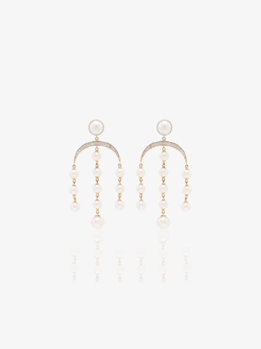 14k Yellow Gold Crescent Moon Pearl and Diamond Drop Earrings