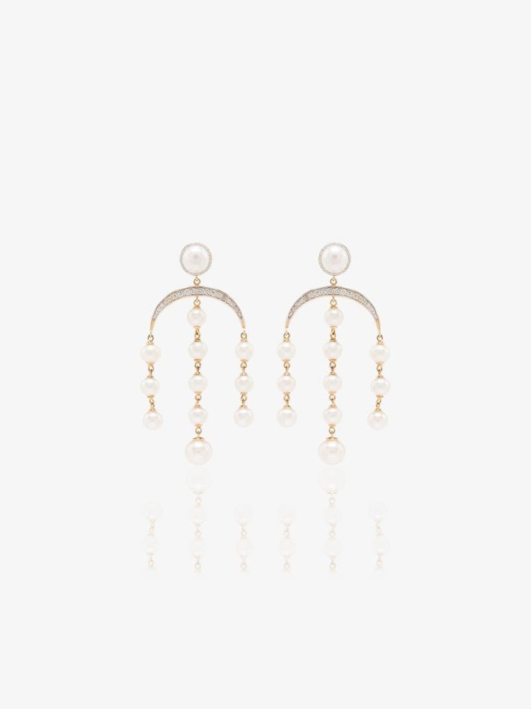14k Yellow Gold Crescent Moon Pearl and Diamond Drop Earrings