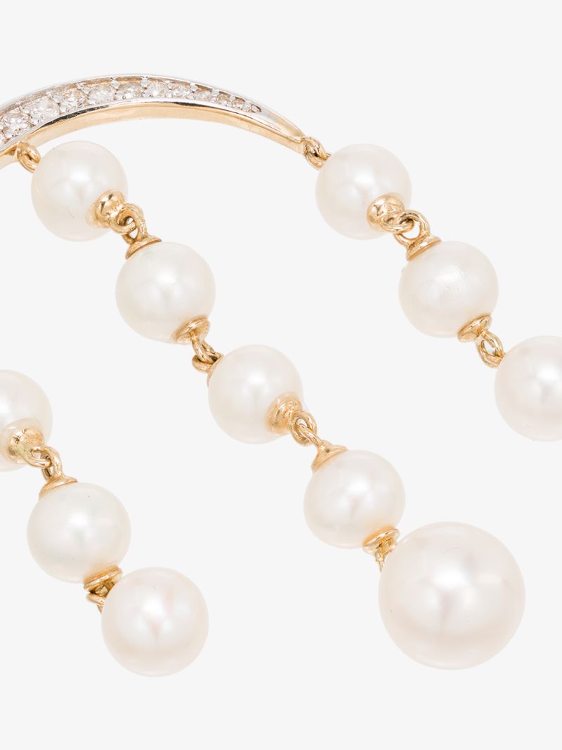 14k Yellow Gold Crescent Moon Pearl and Diamond Drop Earrings
